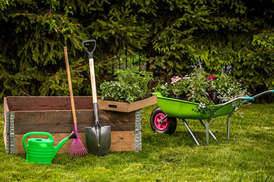 UK Garden Centre Tools including a rake, spade, wheelbarrow full of plants, a watering can and a tray with plants in, situated on a luscious lawn in front of trees