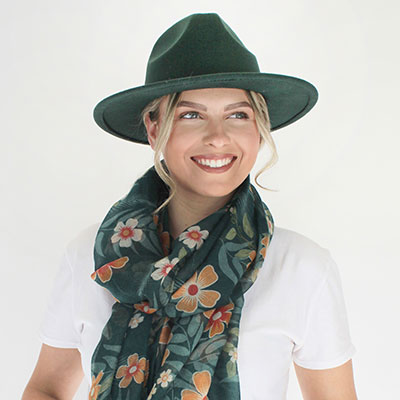 lady wearing a hat, scarf and white t-shirt