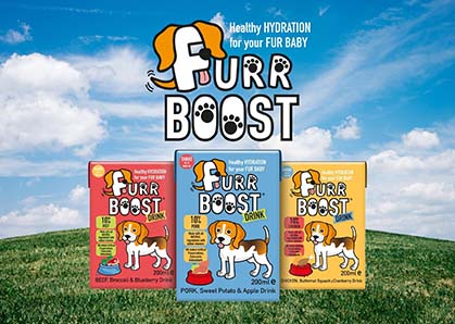Furr Boost Delicious Dog drinks in Chicken, Beef and Pork flavours, full range