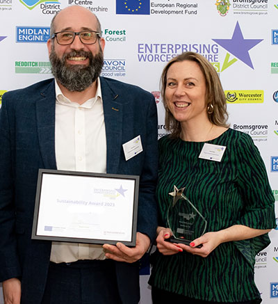 Husband and wife team, Mike and Emma, founders of the Worcester based EntoGrow breed mealworms, winners of the Most Sustainable Business at the Enterprising Worcestershire Awards 2023