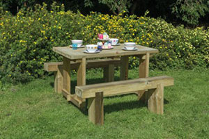 Refectory Table and Sleeper Bench outdoors, garden furniture