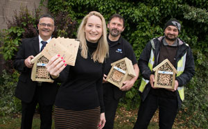 Willer Bee Campaign donation to Hull Royal Infirmary - Hedley Wilson, Building Estates Officer HRI; Chloe Lawford from Willerby’s marketing department,  Mike Burn and Craig Crabb, both gardeners at HRI
