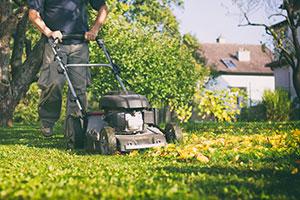 man mowing the grass in autumn