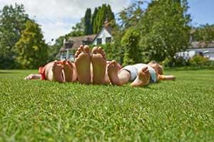Healthy lawn with 3 people laying on it