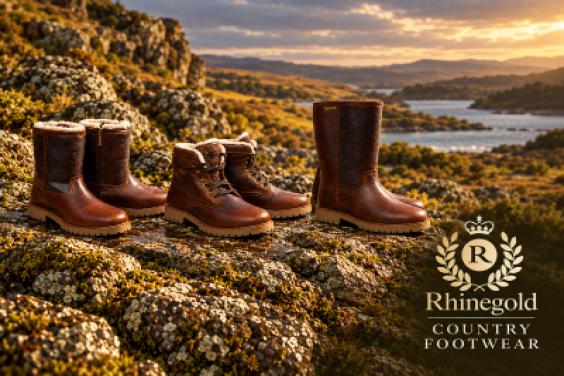 Rhinegold boots displayed on a mountainside